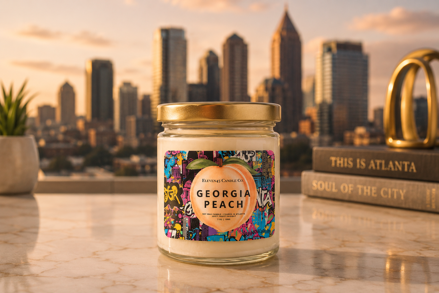 Hand-poured amber candle glowing against the Atlanta skyline at dusk
